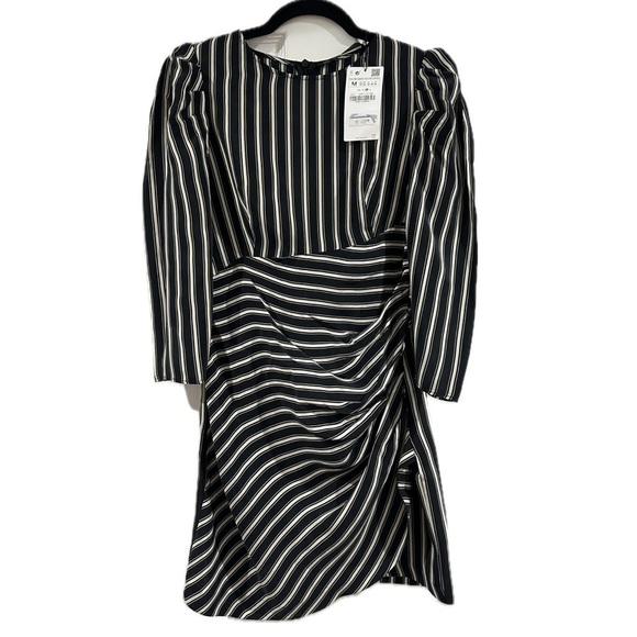 ๐โซ๏ธ ZARA Black White Striped Draped Mini Dress | Cupro Silk Ruched Sz M (S/XS) - Picture 4 of 8